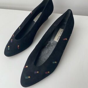 Black leather suede pumps shoes multicolour embroidery size 40/39 vintage retro